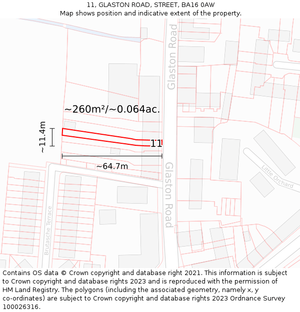 11, GLASTON ROAD, STREET, BA16 0AW: Plot and title map
