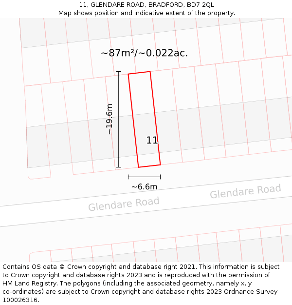 11, GLENDARE ROAD, BRADFORD, BD7 2QL: Plot and title map