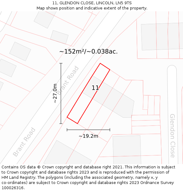 11, GLENDON CLOSE, LINCOLN, LN5 9TS: Plot and title map