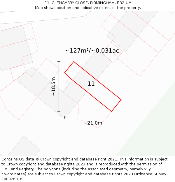 11, GLENGARRY CLOSE, BIRMINGHAM, B32 4JA: Plot and title map