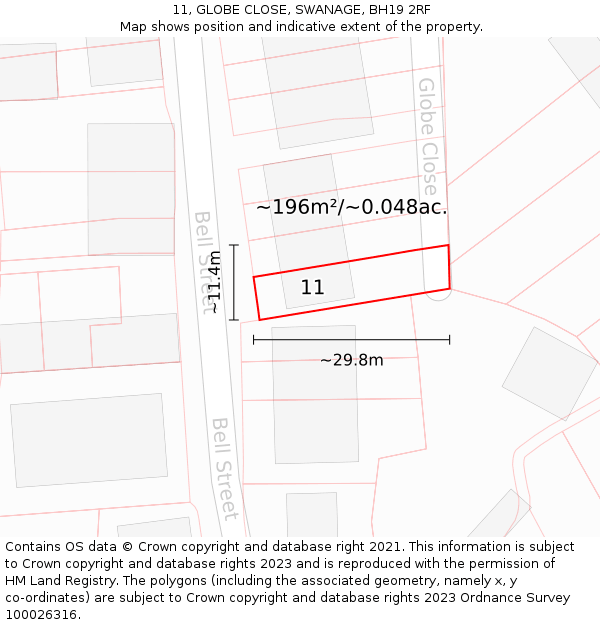 11, GLOBE CLOSE, SWANAGE, BH19 2RF: Plot and title map