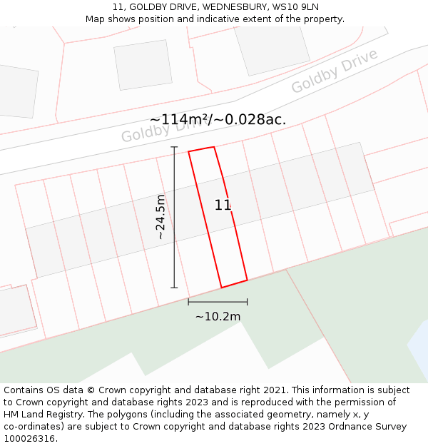 11, GOLDBY DRIVE, WEDNESBURY, WS10 9LN: Plot and title map