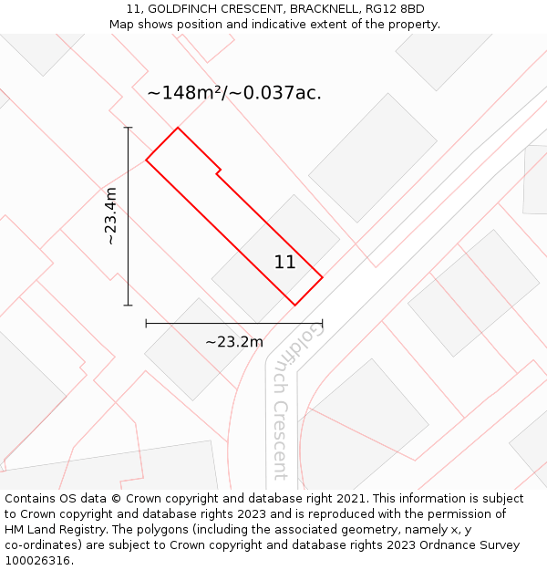 11, GOLDFINCH CRESCENT, BRACKNELL, RG12 8BD: Plot and title map