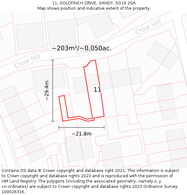 11, GOLDFINCH DRIVE, SANDY, SG19 2SA: Plot and title map