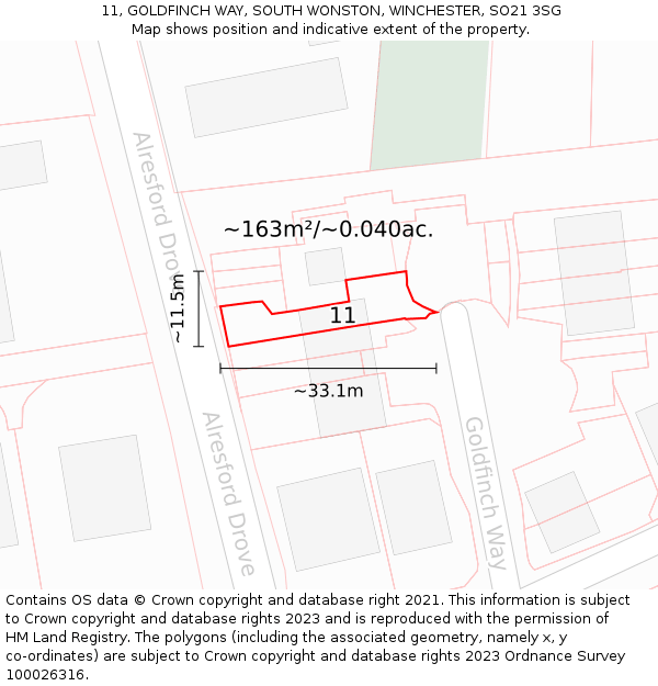 11, GOLDFINCH WAY, SOUTH WONSTON, WINCHESTER, SO21 3SG: Plot and title map