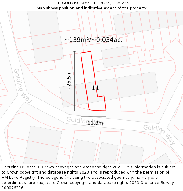 11, GOLDING WAY, LEDBURY, HR8 2PN: Plot and title map