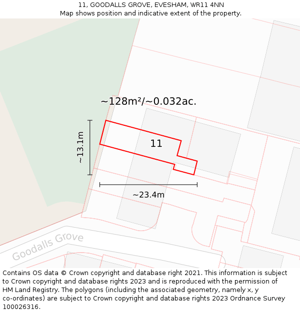 11, GOODALLS GROVE, EVESHAM, WR11 4NN: Plot and title map