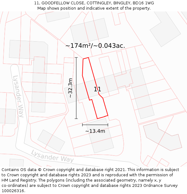 11, GOODFELLOW CLOSE, COTTINGLEY, BINGLEY, BD16 1WG: Plot and title map