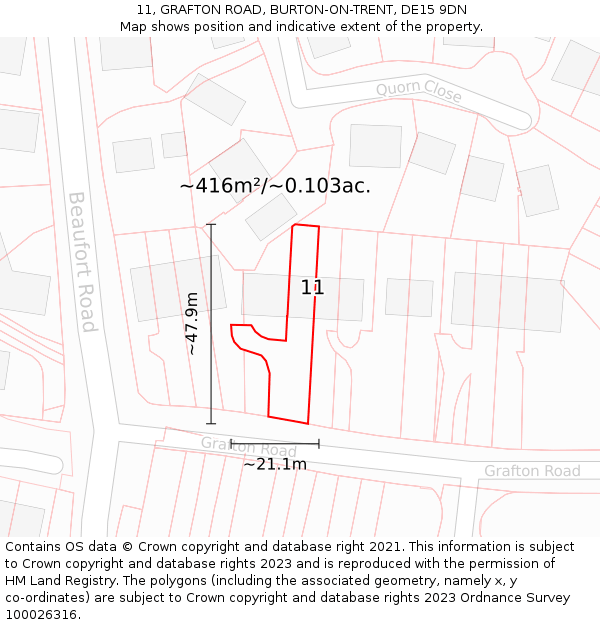 11, GRAFTON ROAD, BURTON-ON-TRENT, DE15 9DN: Plot and title map
