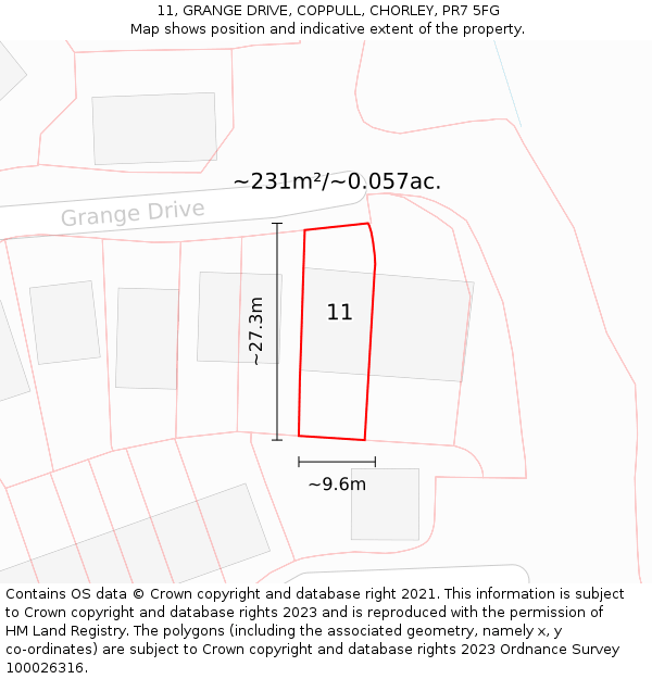 11, GRANGE DRIVE, COPPULL, CHORLEY, PR7 5FG: Plot and title map