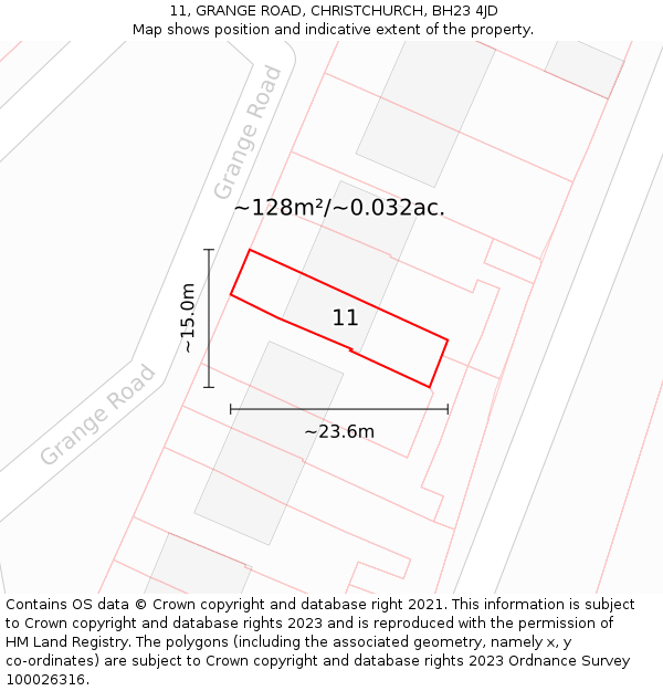 11, GRANGE ROAD, CHRISTCHURCH, BH23 4JD: Plot and title map
