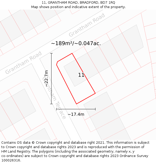 11, GRANTHAM ROAD, BRADFORD, BD7 1RQ: Plot and title map