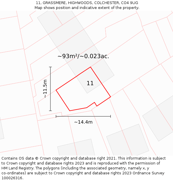 11, GRASSMERE, HIGHWOODS, COLCHESTER, CO4 9UG: Plot and title map