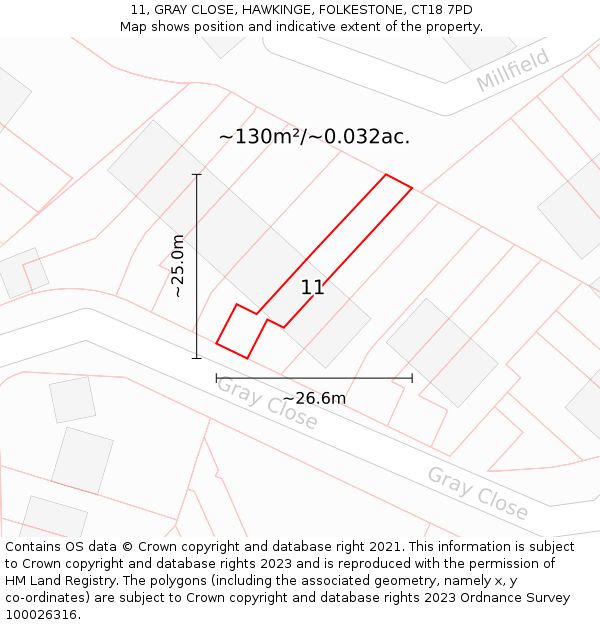 11, GRAY CLOSE, HAWKINGE, FOLKESTONE, CT18 7PD: Plot and title map