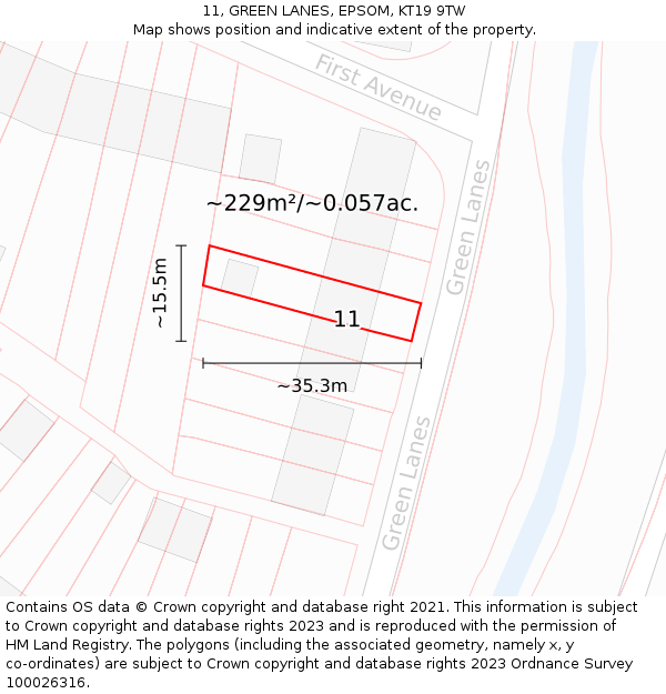 11, GREEN LANES, EPSOM, KT19 9TW: Plot and title map
