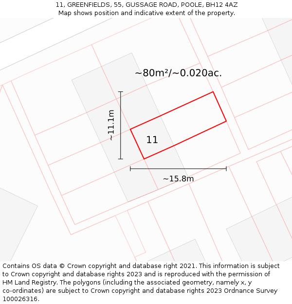 11, GREENFIELDS, 55, GUSSAGE ROAD, POOLE, BH12 4AZ: Plot and title map