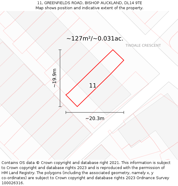 11, GREENFIELDS ROAD, BISHOP AUCKLAND, DL14 9TE: Plot and title map