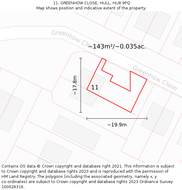 11, GREENHOW CLOSE, HULL, HU8 9PQ: Plot and title map