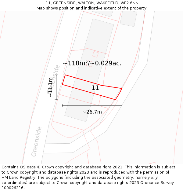 11, GREENSIDE, WALTON, WAKEFIELD, WF2 6NN: Plot and title map