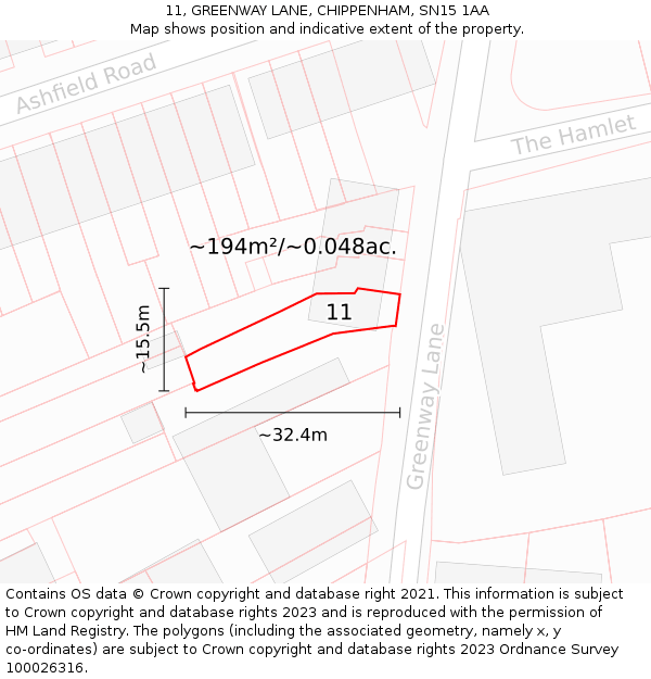 11, GREENWAY LANE, CHIPPENHAM, SN15 1AA: Plot and title map