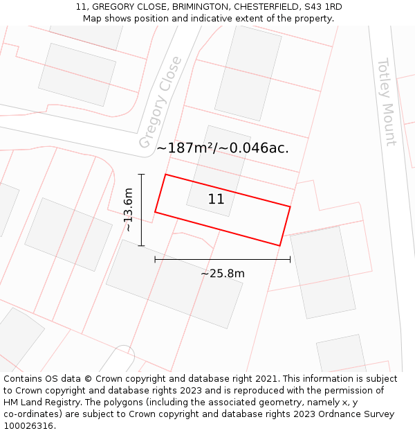 11, GREGORY CLOSE, BRIMINGTON, CHESTERFIELD, S43 1RD: Plot and title map