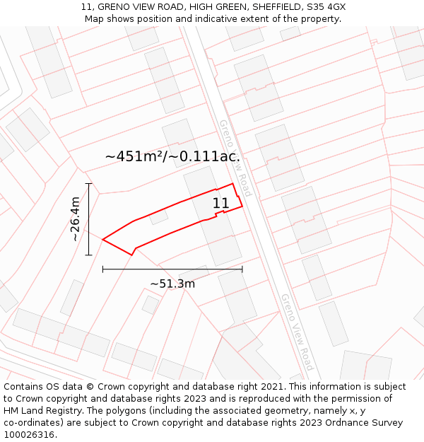11, GRENO VIEW ROAD, HIGH GREEN, SHEFFIELD, S35 4GX: Plot and title map