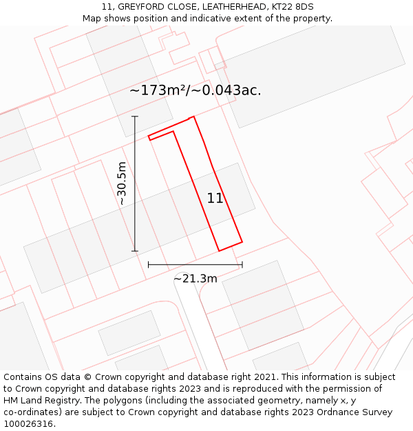 11, GREYFORD CLOSE, LEATHERHEAD, KT22 8DS: Plot and title map
