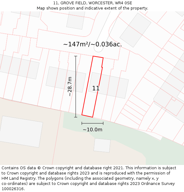 11, GROVE FIELD, WORCESTER, WR4 0SE: Plot and title map