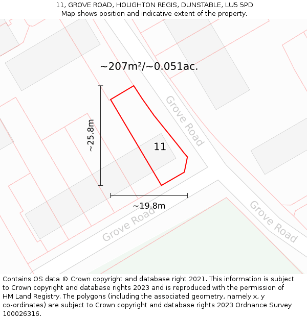 11, GROVE ROAD, HOUGHTON REGIS, DUNSTABLE, LU5 5PD: Plot and title map
