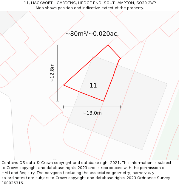 11, HACKWORTH GARDENS, HEDGE END, SOUTHAMPTON, SO30 2WP: Plot and title map
