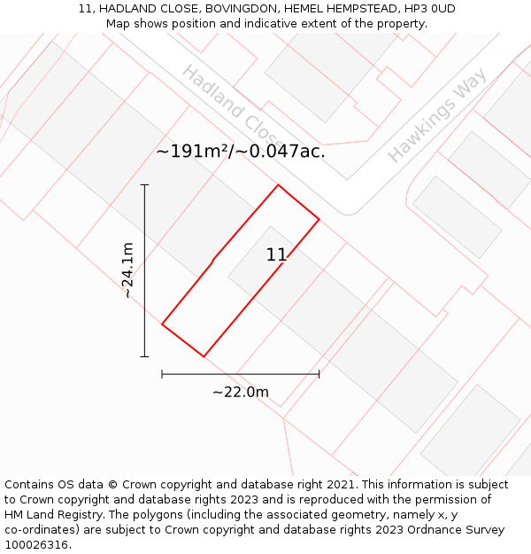 11, HADLAND CLOSE, BOVINGDON, HEMEL HEMPSTEAD, HP3 0UD: Plot and title map