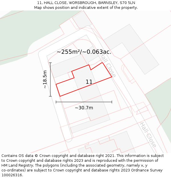 11, HALL CLOSE, WORSBROUGH, BARNSLEY, S70 5LN: Plot and title map