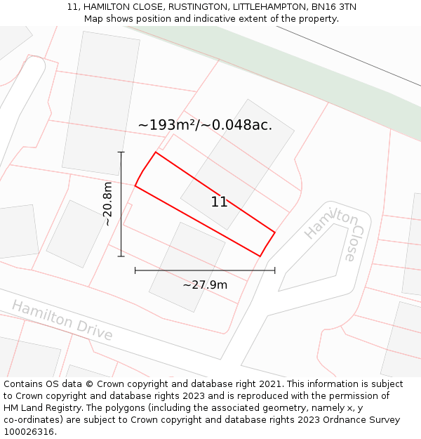 11, HAMILTON CLOSE, RUSTINGTON, LITTLEHAMPTON, BN16 3TN: Plot and title map