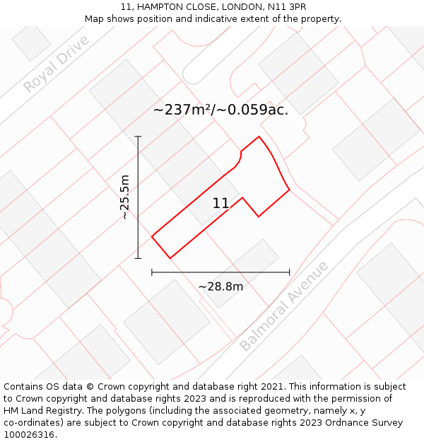 11, HAMPTON CLOSE, LONDON, N11 3PR: Plot and title map