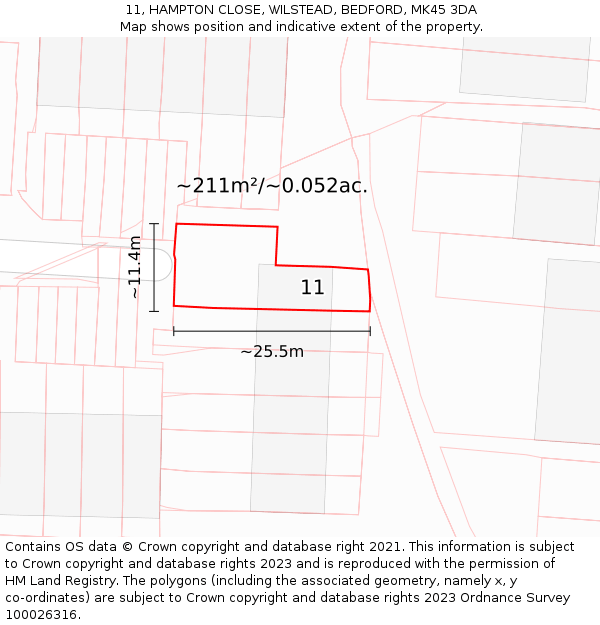 11, HAMPTON CLOSE, WILSTEAD, BEDFORD, MK45 3DA: Plot and title map