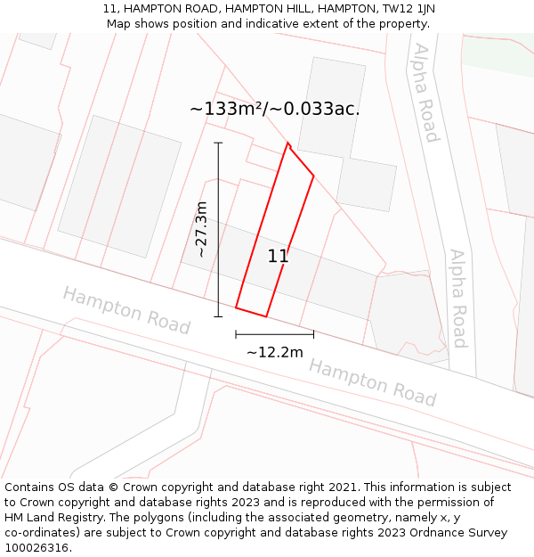 11, HAMPTON ROAD, HAMPTON HILL, HAMPTON, TW12 1JN: Plot and title map