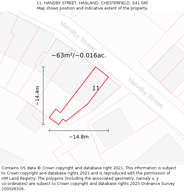 11, HANDBY STREET, HASLAND, CHESTERFIELD, S41 0AT: Plot and title map