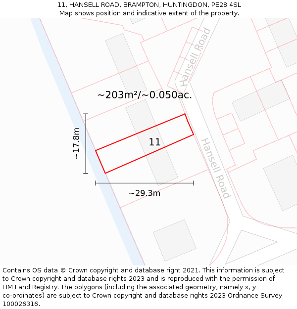11, HANSELL ROAD, BRAMPTON, HUNTINGDON, PE28 4SL: Plot and title map