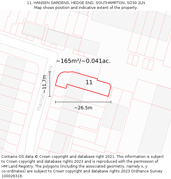 11, HANSEN GARDENS, HEDGE END, SOUTHAMPTON, SO30 2LN: Plot and title map