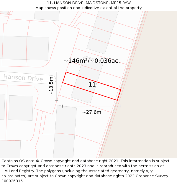11, HANSON DRIVE, MAIDSTONE, ME15 0AW: Plot and title map