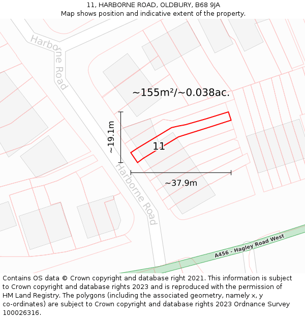 11, HARBORNE ROAD, OLDBURY, B68 9JA: Plot and title map