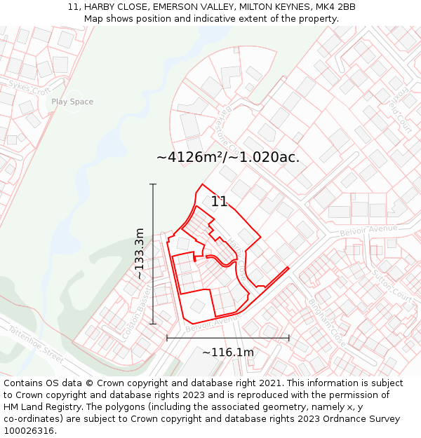 11, HARBY CLOSE, EMERSON VALLEY, MILTON KEYNES, MK4 2BB: Plot and title map
