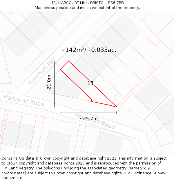 11, HARCOURT HILL, BRISTOL, BS6 7RB: Plot and title map