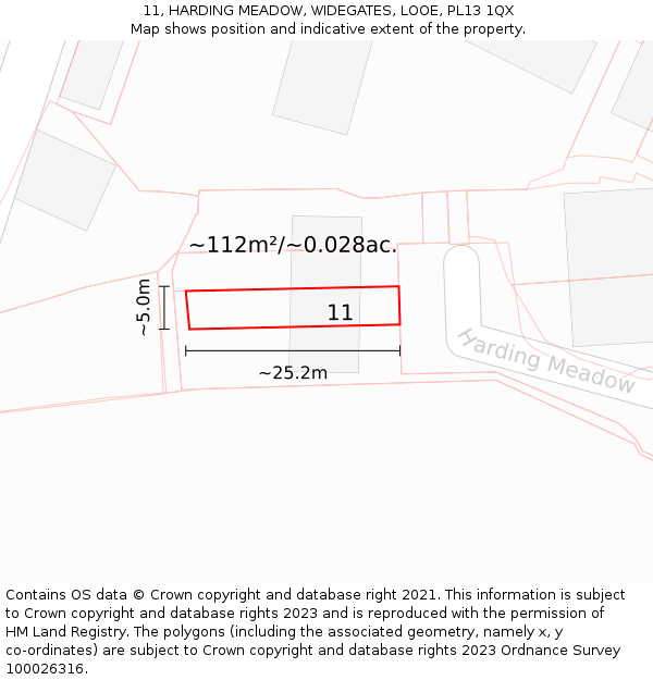 11, HARDING MEADOW, WIDEGATES, LOOE, PL13 1QX: Plot and title map