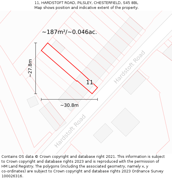 11, HARDSTOFT ROAD, PILSLEY, CHESTERFIELD, S45 8BL: Plot and title map