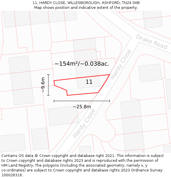 11, HARDY CLOSE, WILLESBOROUGH, ASHFORD, TN24 0XB: Plot and title map