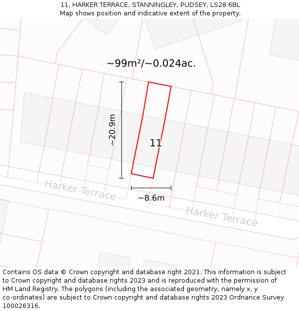 11, HARKER TERRACE, STANNINGLEY, PUDSEY, LS28 6BL: Plot and title map