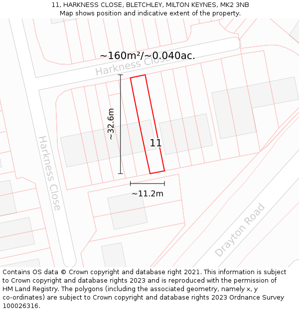 11, HARKNESS CLOSE, BLETCHLEY, MILTON KEYNES, MK2 3NB: Plot and title map