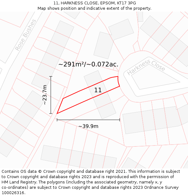 11, HARKNESS CLOSE, EPSOM, KT17 3PG: Plot and title map