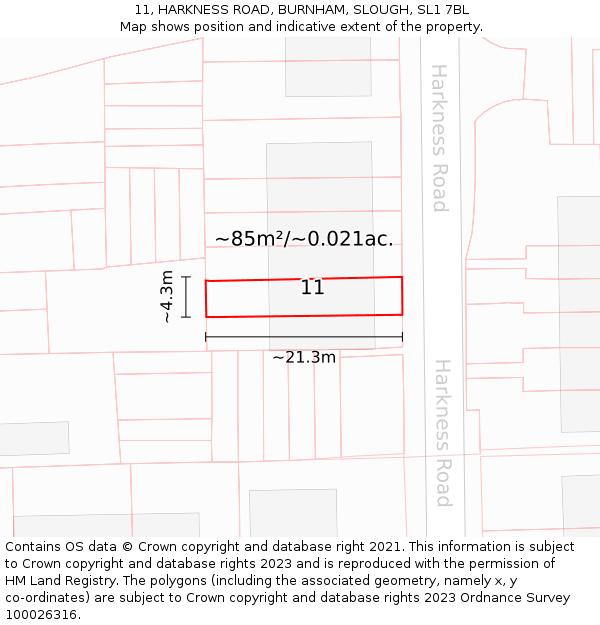 11, HARKNESS ROAD, BURNHAM, SLOUGH, SL1 7BL: Plot and title map